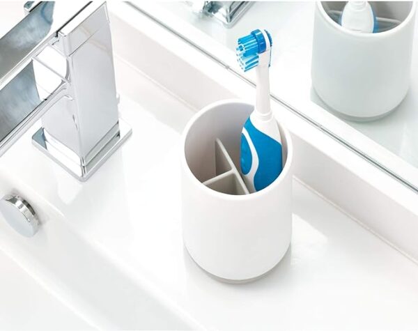 iDesign Toothbrush Holder for Normal Toothbrushes, Spin Brushes, and Toothpaste, The Cade Collection - 3" x 3" x 4. 5", White/Gray