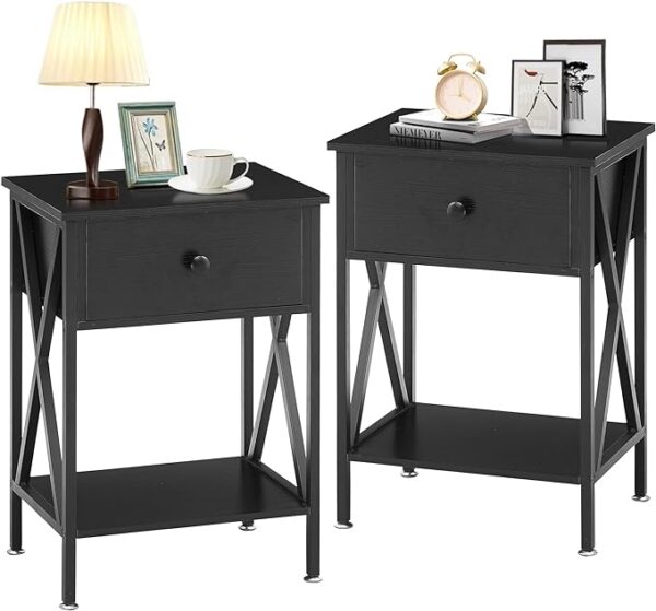 VECELO Nightstands, Modern End Side Tables, Night Stand with Drawer &Storage Shelf for Bedroom Living Room Office Lounge, 2, Black