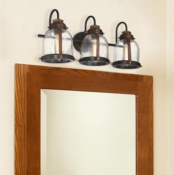 Westinghouse Lighting 6118200 Cindy Vintage-Style Three-Light Indoor Vanity Light Fixture, Oil Rubbed Bronze Finish with Barnwood Accents, Clear Seeded Glass