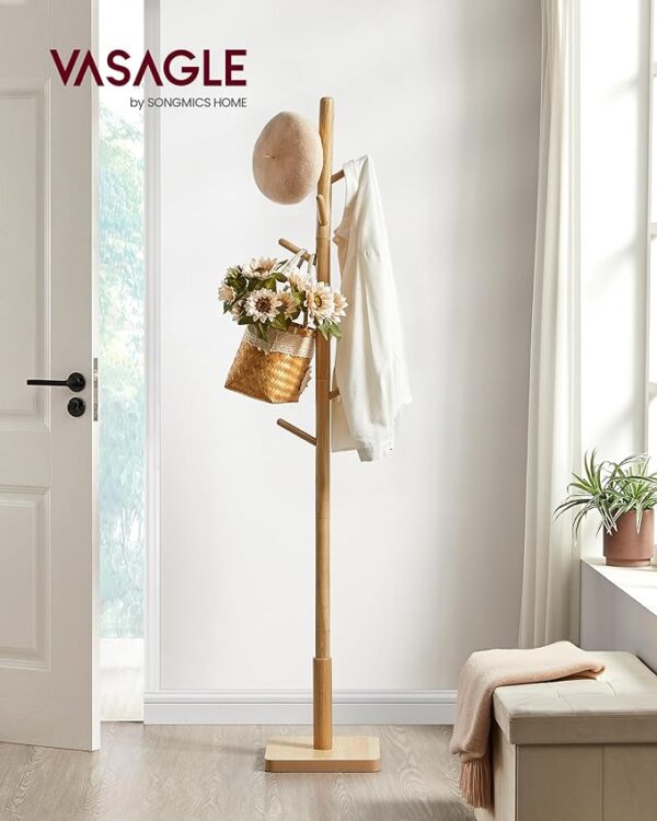 VASAGLE Coat Rack, Solid Wood Coat Stand, Freestanding Hall Tree, 8 Hooks, Natural Beige URCR010N01