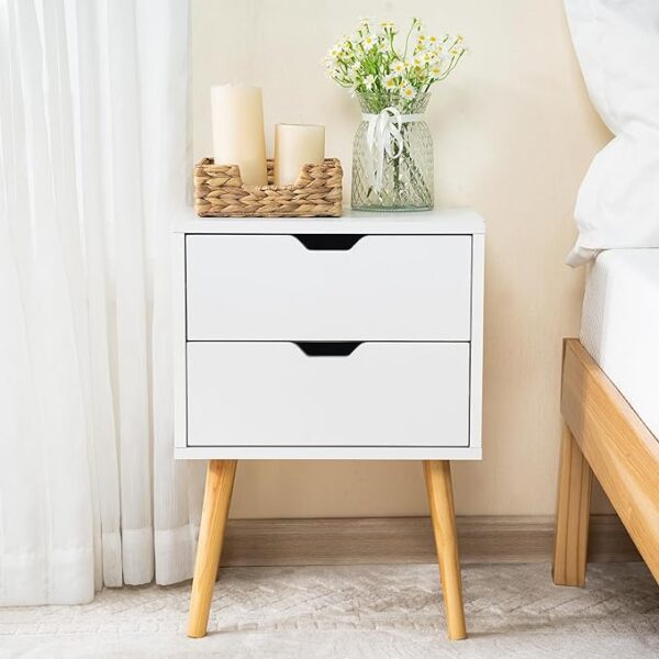 End Side Table Nightstand with Storage Drawer, Fashion Modern Assemble Storage Cabinet Bedroom Bedside, Solid Wood Legs Living Room Bedroom Furniture, Double Drawer Nightstand (White)