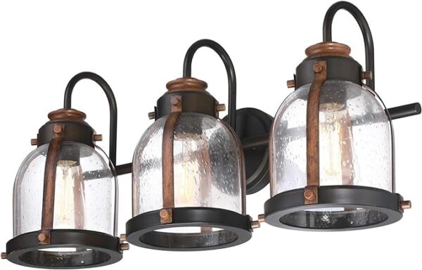 Westinghouse Lighting 6118200 Cindy Vintage-Style Three-Light Indoor Vanity Light Fixture, Oil Rubbed Bronze Finish with Barnwood Accents, Clear Seeded Glass