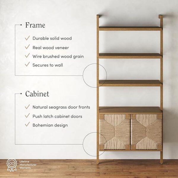 Nathan James Beacon 3-Shelf Solid Wood Bookshelf with Storage Cabinet, Bohemian Wall Mounted Shelf with Seagrass Door Fronts